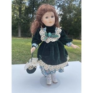 Vintage 15” Ashley Belle Victorian Style Doll Porcelain Curly Hair Emerald Dress